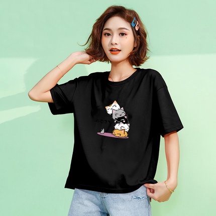 Áo phông nữ/ Áo thun hoạt hình unisex tay lỡ bốn mèo nhỏ