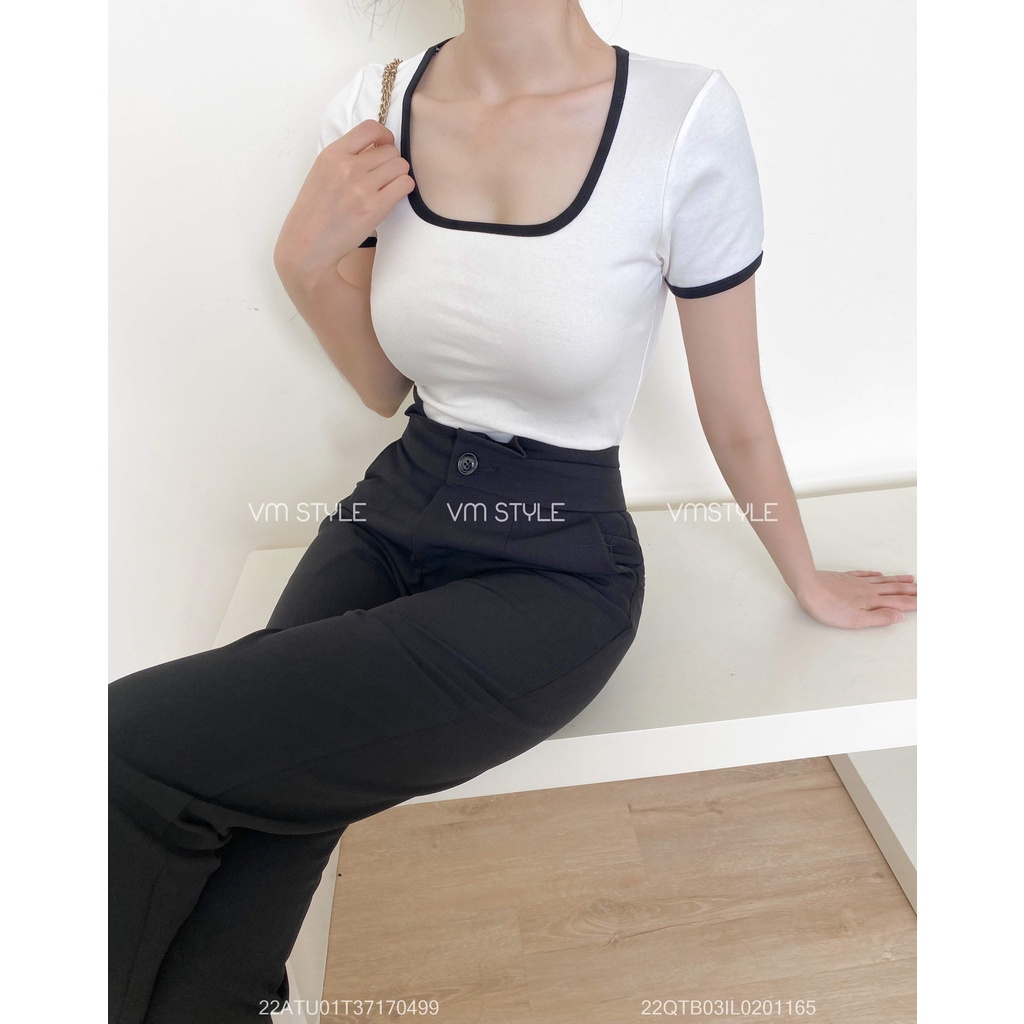 Áo thun tay ngắn cổ U viền màu nhiều màu nữ ulzzang thời trang VM STYLE 22ATU01T371704