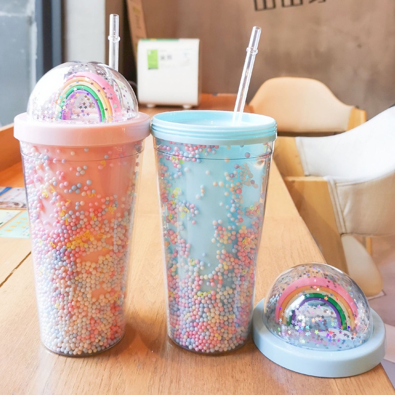 Cốc Đựng Nước Cầu Vồng, Bình Nước Cầu Vồng 550ml Hai Lớp Kèm Ống Hút Tiện Lợi