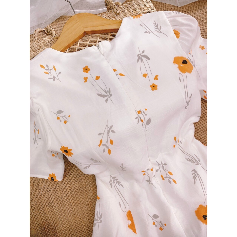 Đầm trắng cổ tim, Váy hoa cổ V Cao Cấp dáng xòe dài, phong cách Vintage hoa đỏ tay ngắn, mặc dự tiệc công sở MiNhi