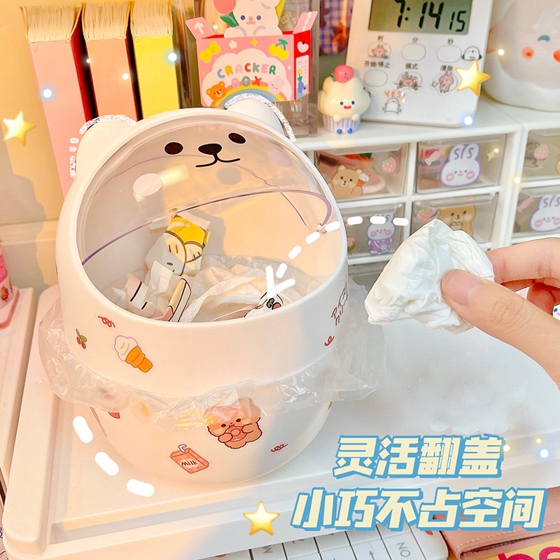 Thùng Rác Mini Nắp Lật Hình Chú Mèo Có Tai Cute Decor Bàn Học Lọ Ống Kệ Cắm Bút Gấu Nhựa Mỹ Văn Phòng Phẩm Peach Home