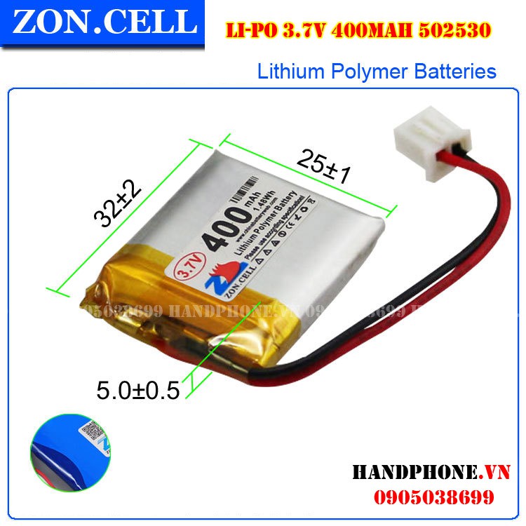 Pin Li-Po ZonCell 3.7V 400mAh 502530 cho SmartWatch