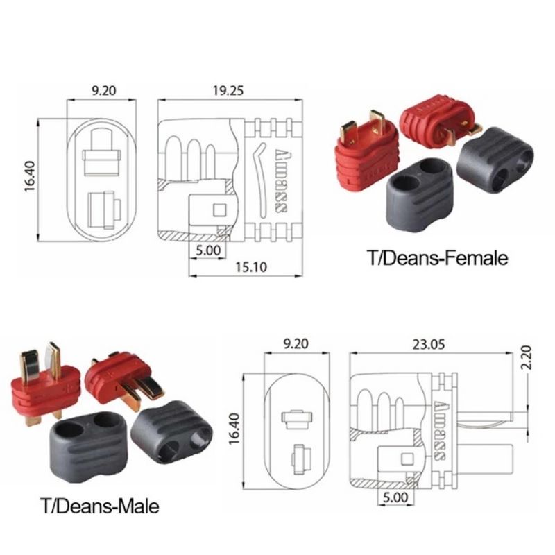 - Jack cắm chữ T AM-1015E chính hãng Amass chịu tải hơn 50A chân mạ vàng nối Pin Lipo Quad Drone RC