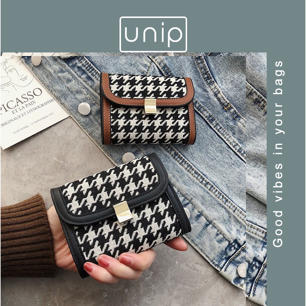 Ví mini cầm tay Houndstooth kiểu Hàn thanh lịch khóa Vuông - UniP