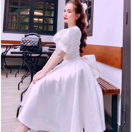 Váy Thiết Kế Xòe a thiết kế hàn quốc, Váy xòe a trắng cổ vuông tay bồng, nơ lưng cá tính V03 | BigBuy360 - bigbuy360.vn