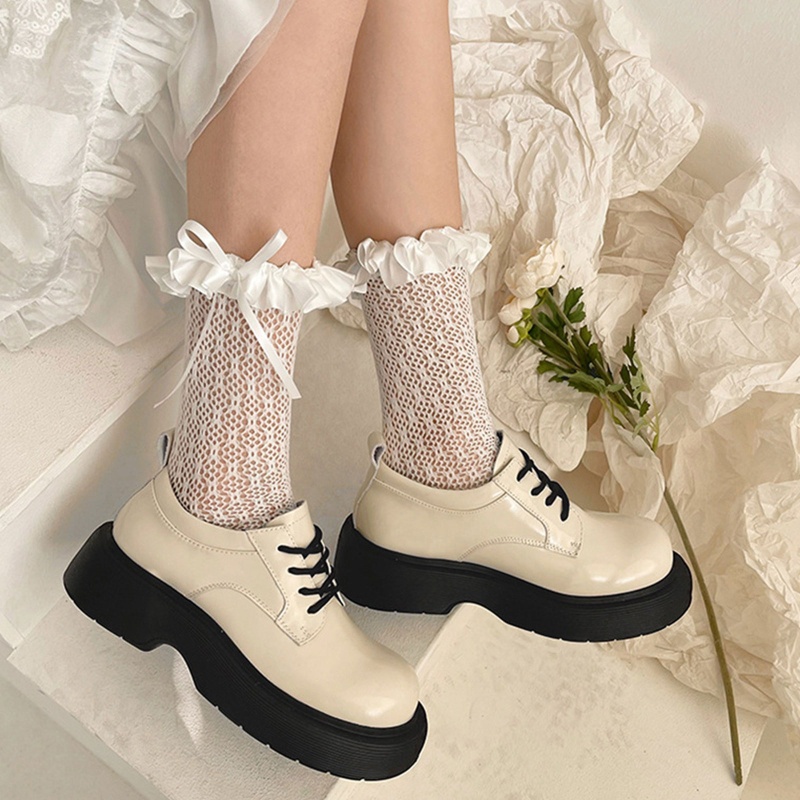 Vớ lưới ống cao vừa phối bèo thắt nơ ruy băng bằng vải satin phong cách Lolita Nhật Bản ngọt ngào cho nữ