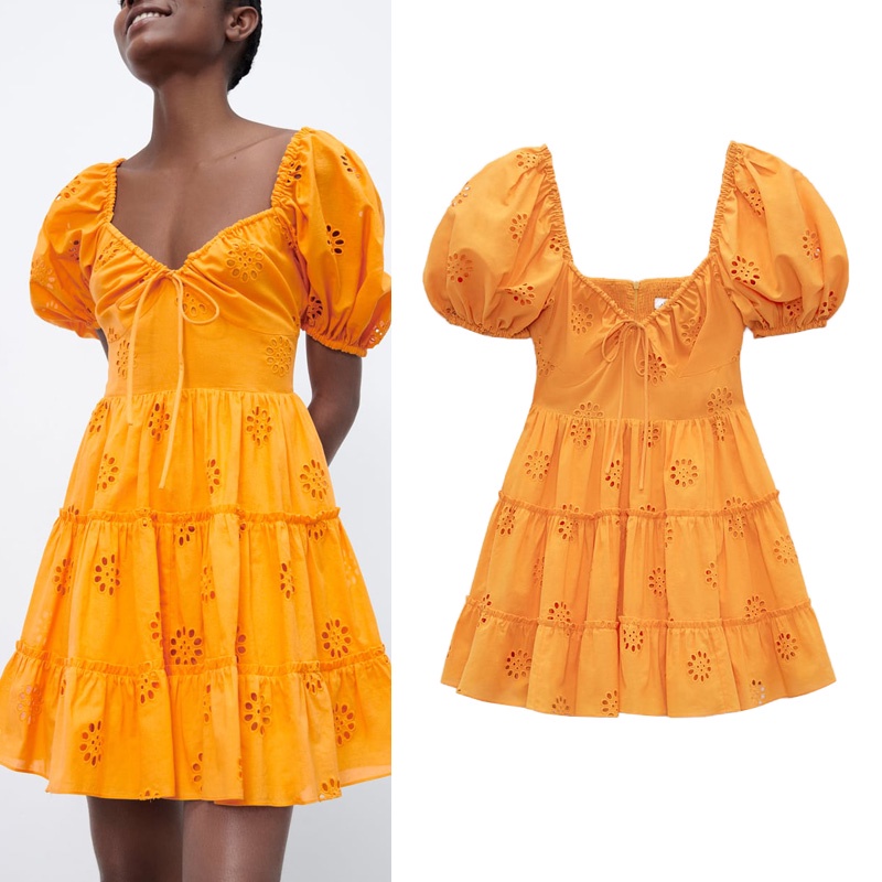 Zara Đầm Tay Phồng Xếp Tầng Thêu Họa Tiết Phong Cách Pháp Thời Trang Mùa Hè Xinh Xắn Cho Nữ 3110914