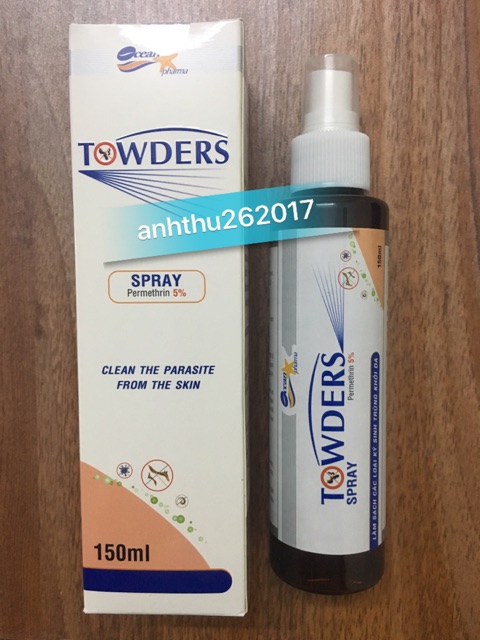 TOWDERS SPRAY 150ML. PERMETHRIN 5%. LÀM SẠCH CÁC LOẠI KÝ SINH TRÙNG KHỎI DA.