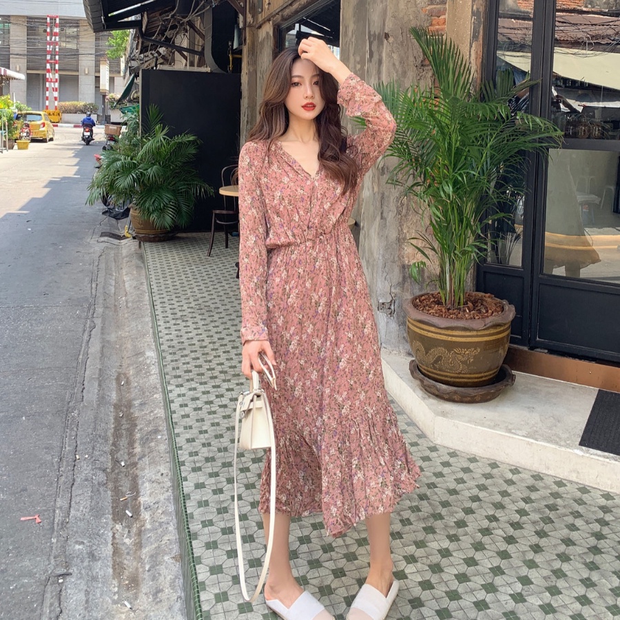 Đầm hoa bi tay dài màu hồng HDT172 Hỉn Hỉn Store
