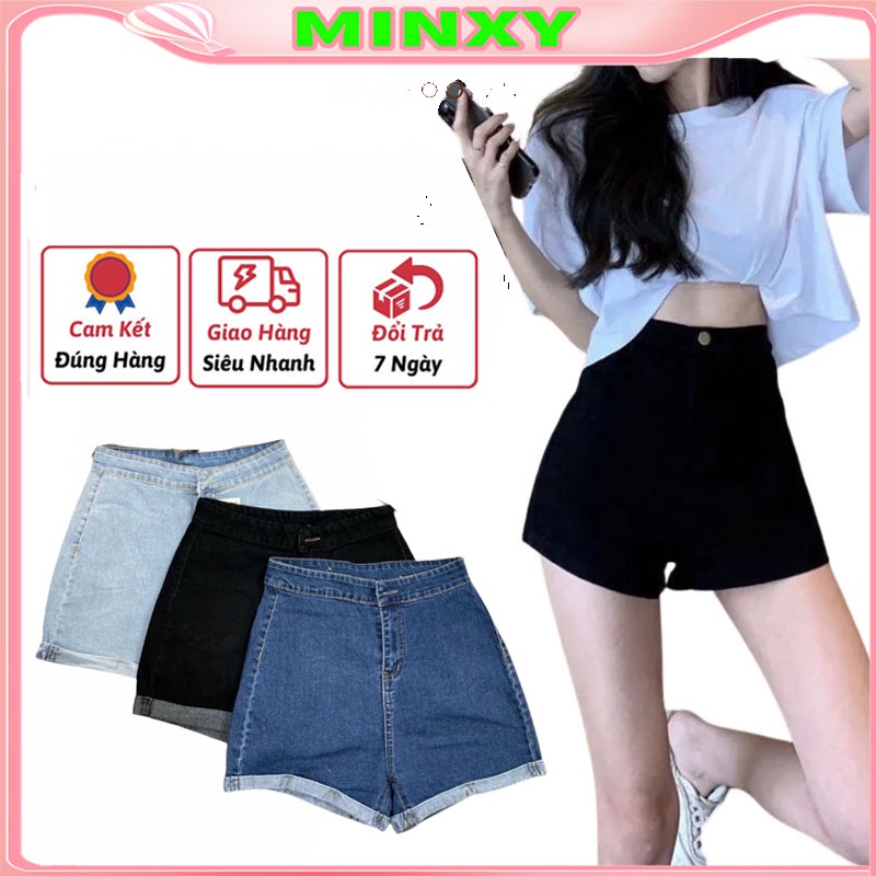 Quần sóc một khuy gấp gấu lưng cao cá tính chất jean co giãn đẹp-Minxy shop