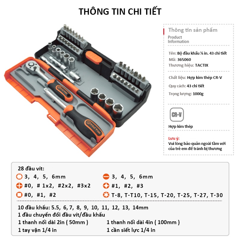 Bộ sửa chữa xe máy, ô tô dụng cụ sửa chữa đa năng cao cấp 43 món TACTIX 365060 - bộ đầu khẩu gồm 43 chi tiết