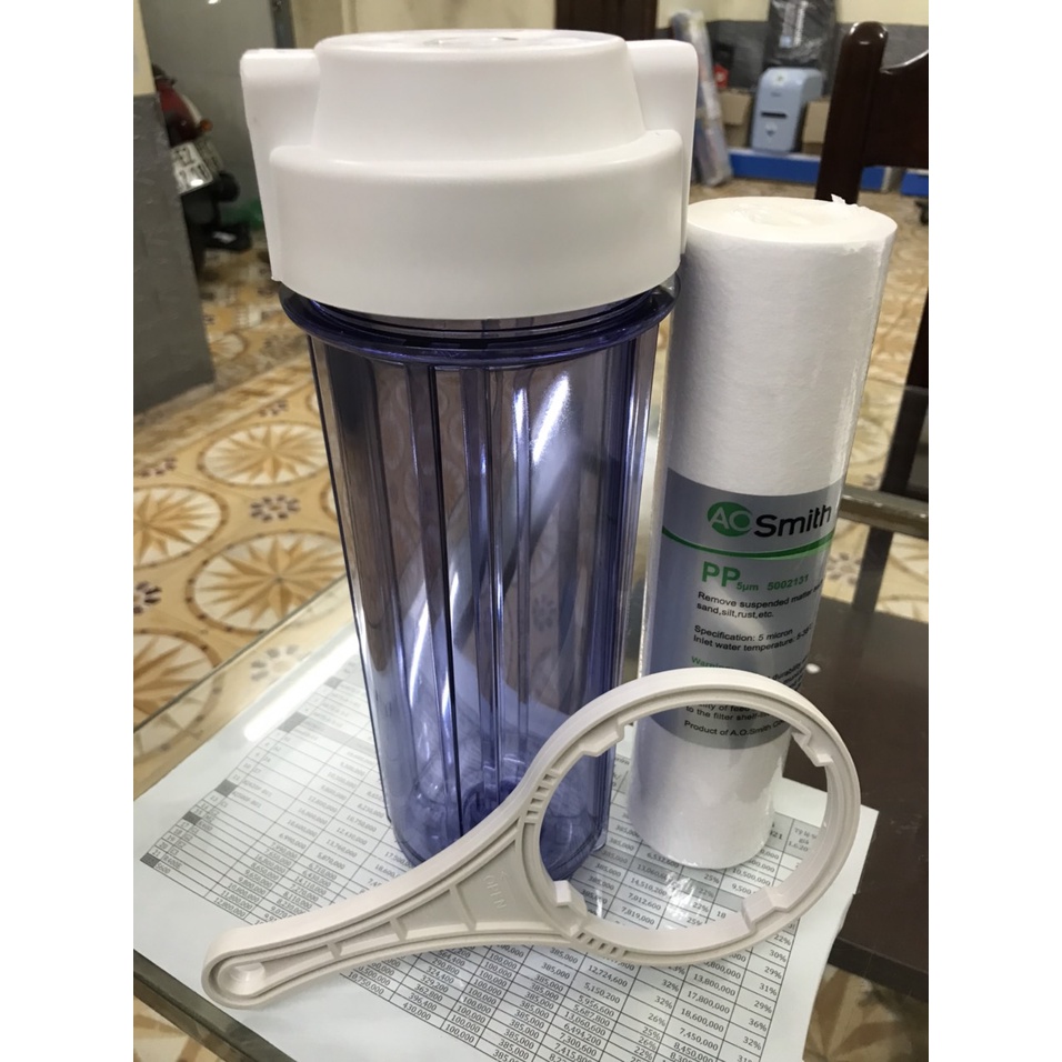 Bộ lọc thô 10 inch bằng nhựa trong dùng lõi A.O.Smith aosmith (tiền lọc PP5m)