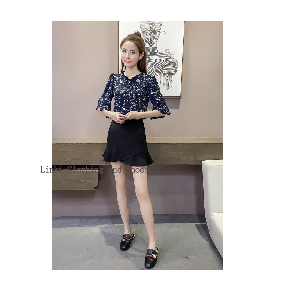 Áo sơ mi chiffon phong cách Hàn Quốc tay loe họa tiết in hoa cho nữ