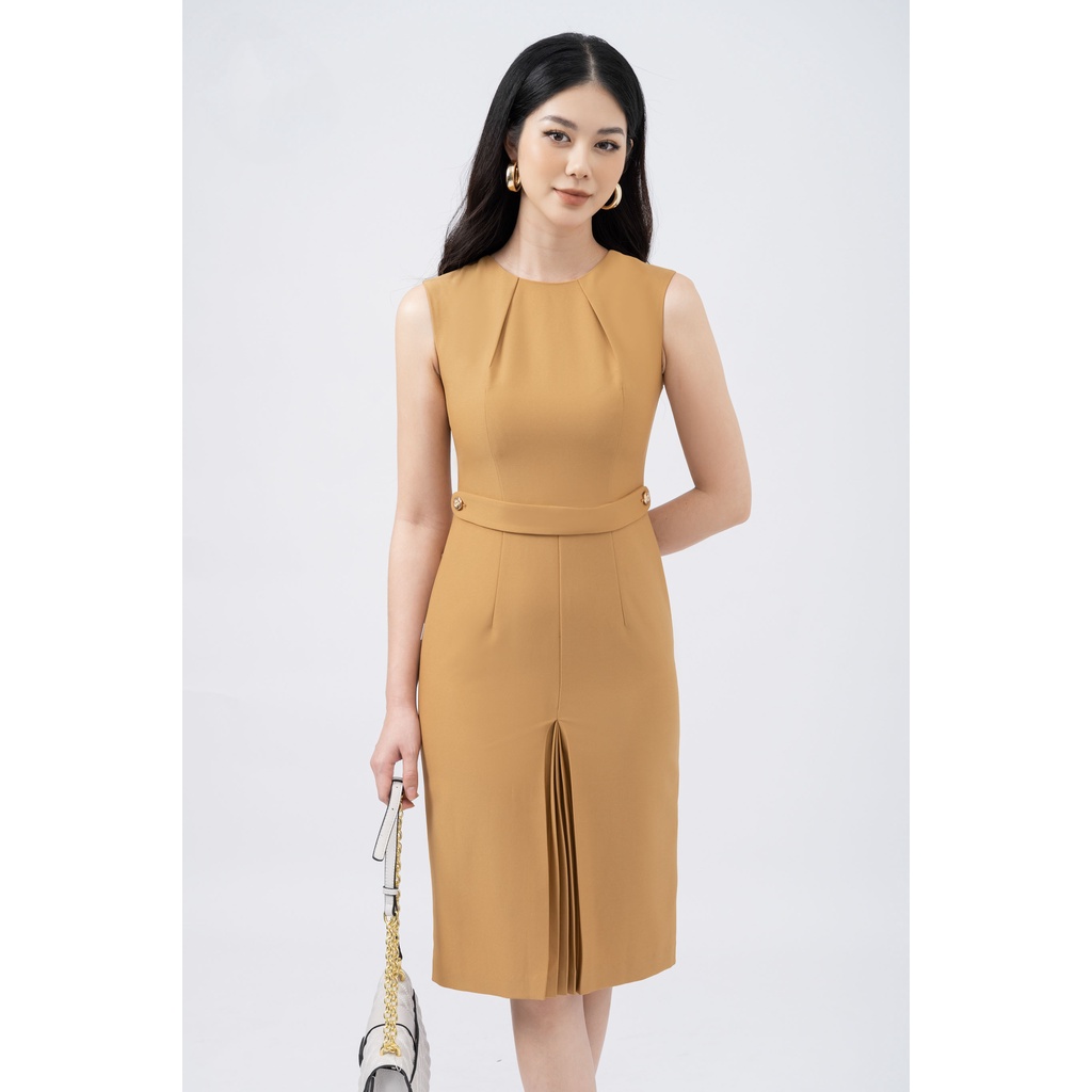 Đầm ôm nữ Fiona, Váy body sát nách xẻ xếp ly thân trước đính cúc trang trí F451082