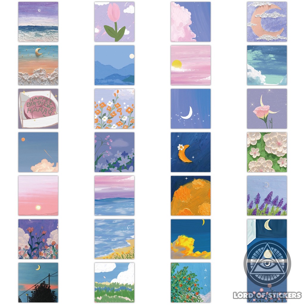 Set 56 Nhãn Dán Tranh Phong Cảnh Sơn Dầu Sticker Chống Thấm Nước Trang Trí Mũ Bảo Hiểm, Laptop, Miếng Dán Sổ Dễ Thương