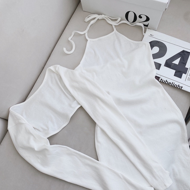 SET ĐẦM CỔ YẾM TRẮNG + ÁO KHOÁC CROPTOP