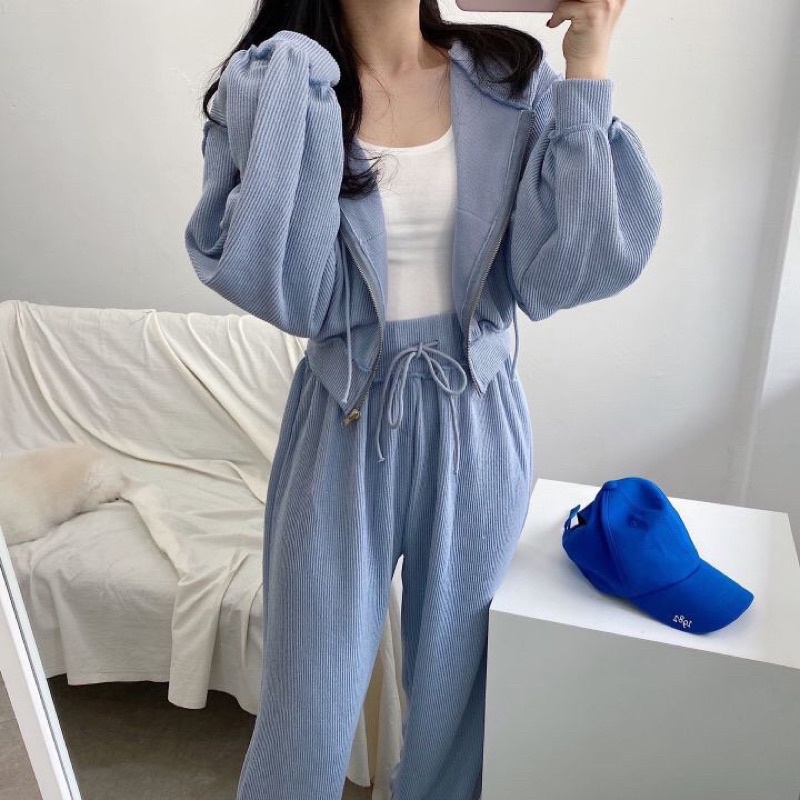 Set Áo Khoác + Quần Ống Rộng Cạp Cao Phong Cách Hàn Quốc