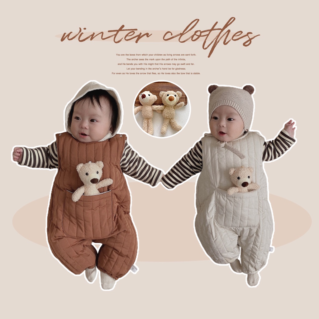 Áo liền quần có túi hình gấu bông dễ thương cho em bé sơ sinh