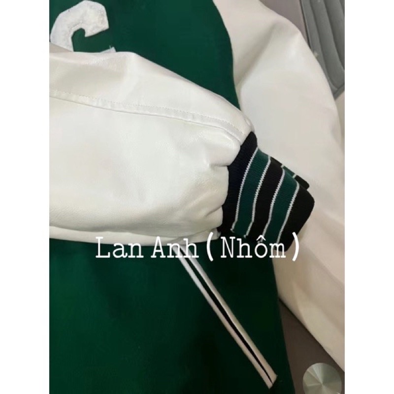 Áo khoác bóng chày tay da chữ thêu phong cách retro