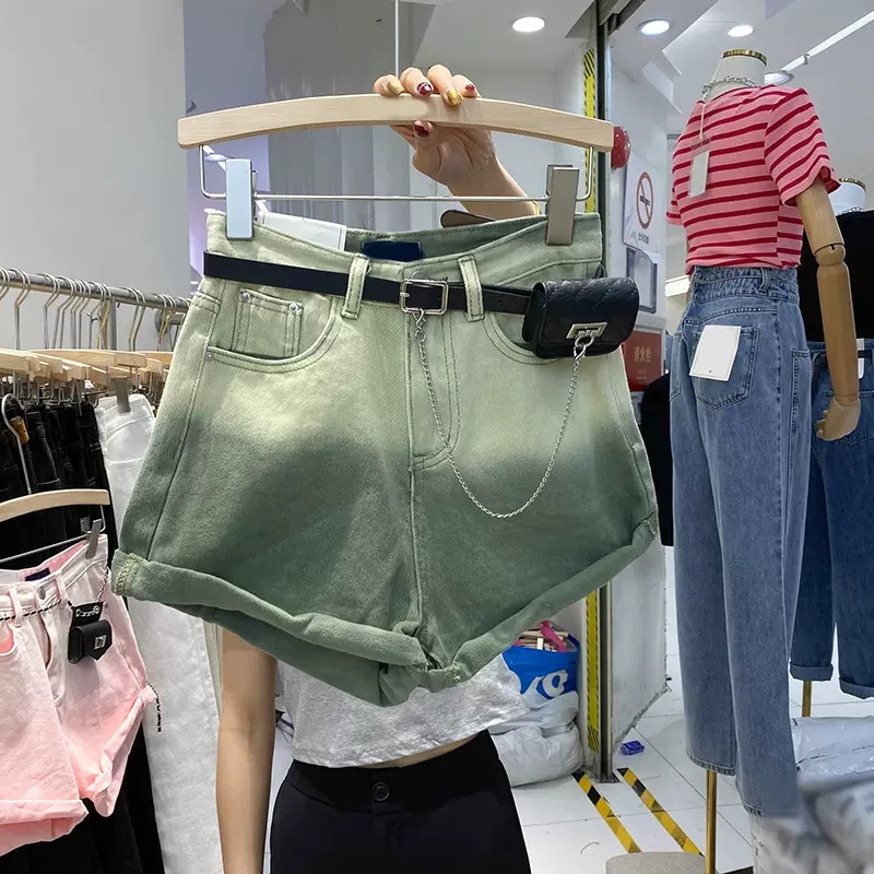 Quần short jeans ZHELIHANGFEI ống rộng lưng cao màu gradient thời trang mùa hè phong cách hong kong cho nữ