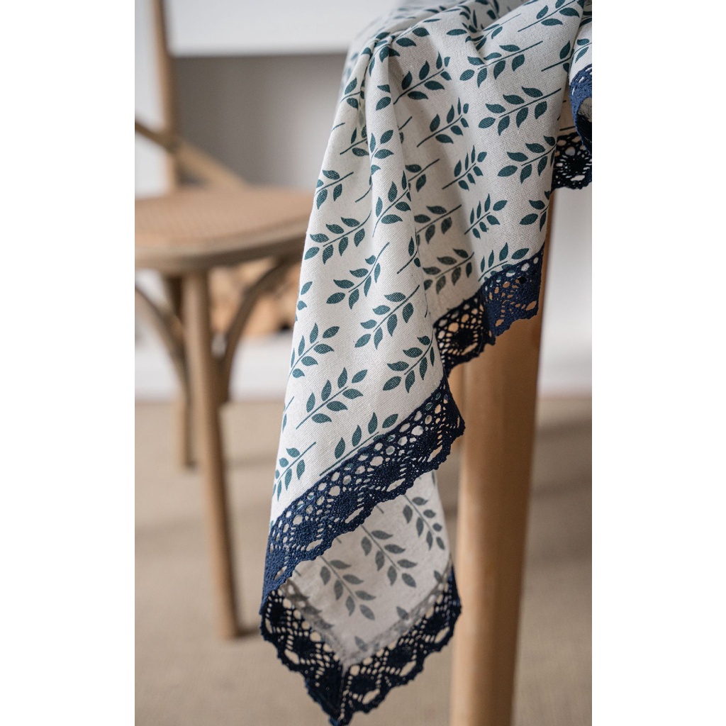 Khăn Trải Bàn Vải Lanh Cotton In Họa Tiết Tai Thỏ Màu Xanh Lá Xinh Xắn