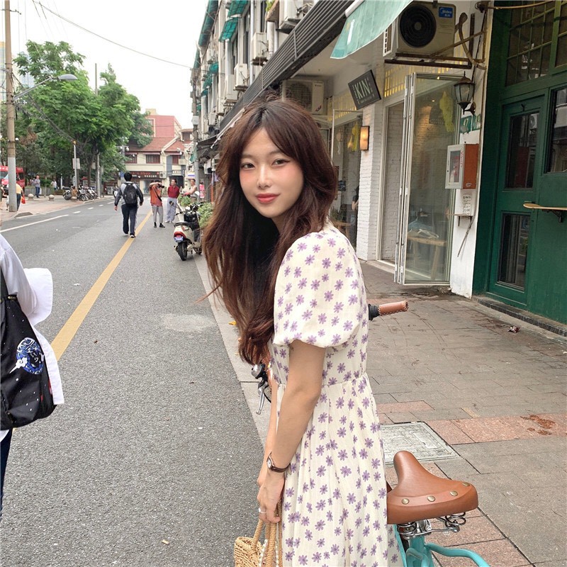 Váy trắng babydoll hoa tím body Ulzzang tay bồng , Đầm nữ vintage thiết kế dáng ngắn | BigBuy360 - bigbuy360.vn