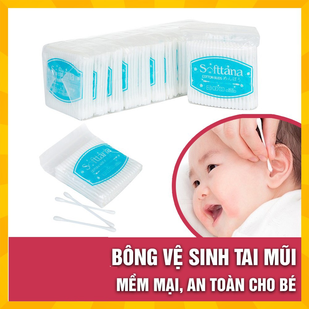 Bông vệ sinh tai mũi cho bé Softtana (Gói 80 que bông) siêu thấm mềm mại