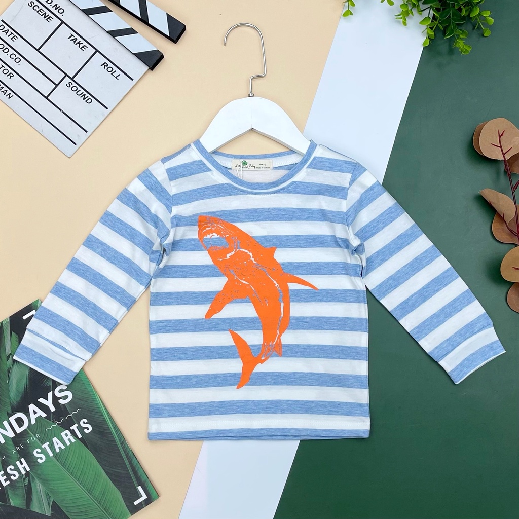 Áo cotton thu đông dài tay kẻ in hình bé trai size 1-10, cho bạn 10-30kg. Chất cotton mềm mại, hình in đẹp, dễ phối đồ
