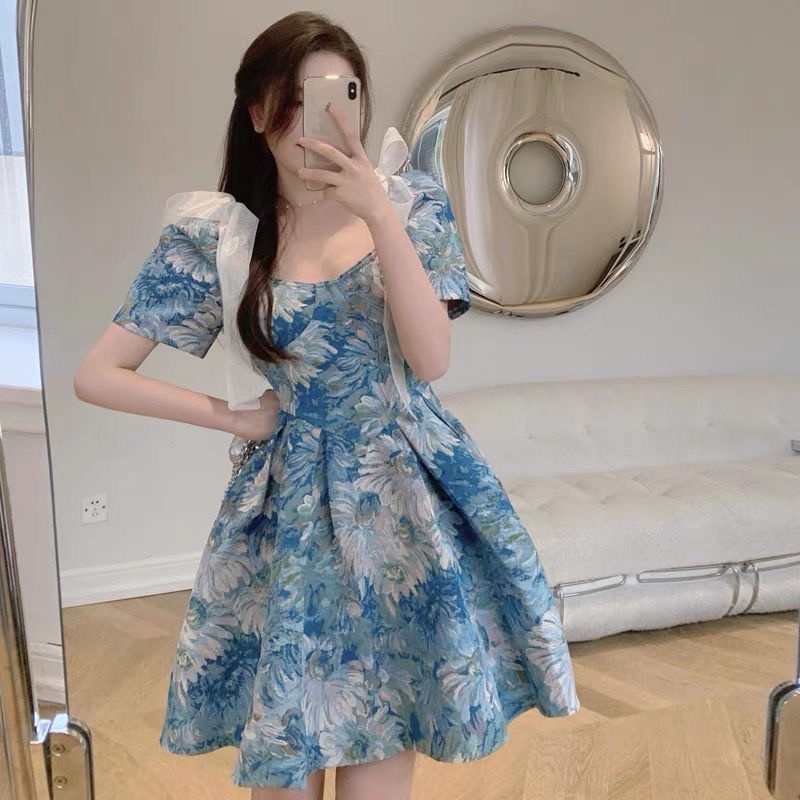 Đầm Ngắn Dáng Ôm Cổ Vuông Kiểu Công Chúa Thời Trang Mùa Hè Pháp Cho Nữ