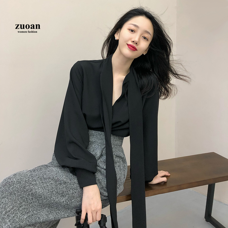 Áo kiểu SUXI tay dài phồng cổ chữ V xẻ sâu có dây thắt nơ thời trang mùa thu thanh lịch dành cho nữ