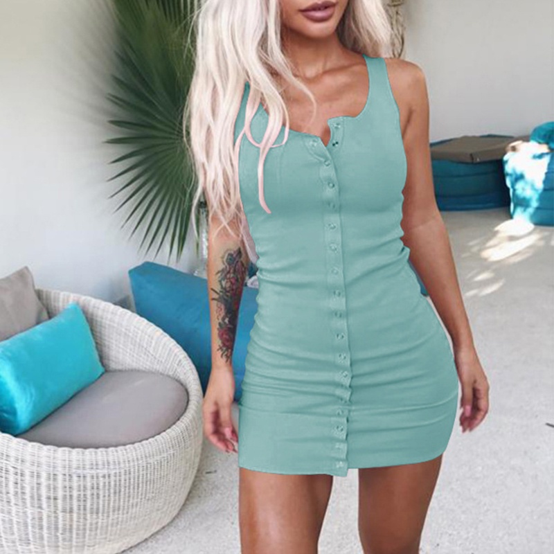 Xiangbao Đầm Mini Cổ Chữ V Không Tay Cài Nút Thời Trang Mùa Hè Dự Tiệc Cho Nữ