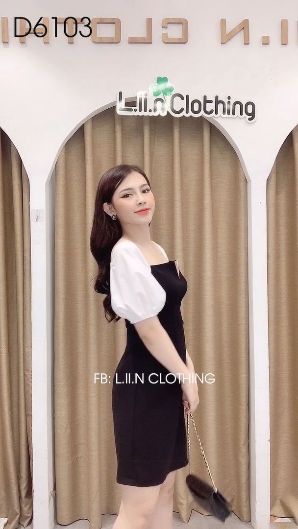 Váy nữ Đen trễ vai phối Tay Bồng Trắng sang trọng Liin Clothing D6103 | BigBuy360 - bigbuy360.vn