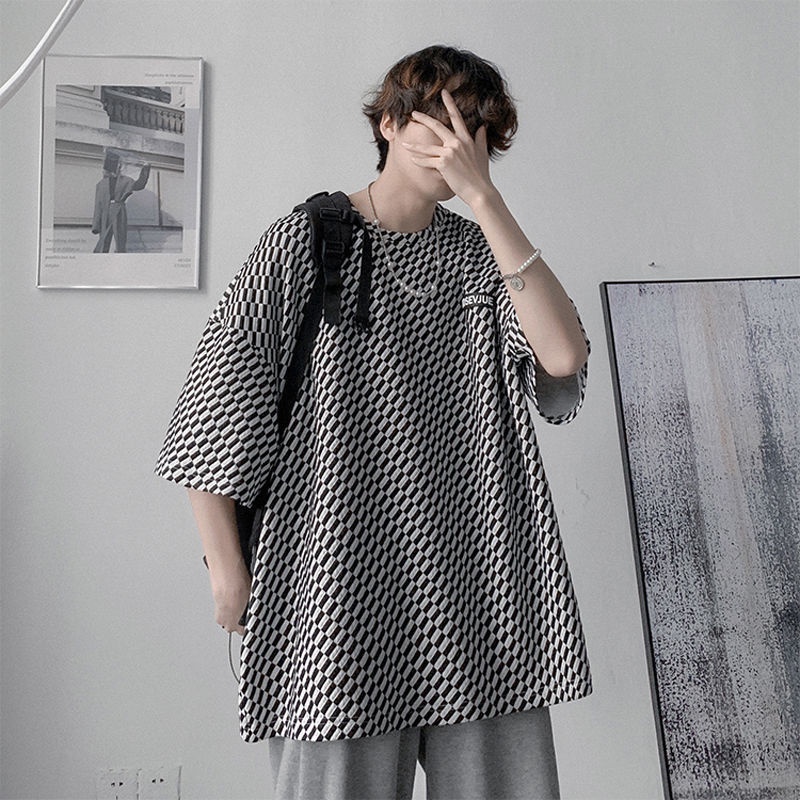 Áo Thun Tay Ngắn Cổ Tròn Họa Tiết Kẻ Sọc Màu Sắc Tương Phản Phong Cách Hàn Quốc Thời Trang Mùa Hè Cho Nam