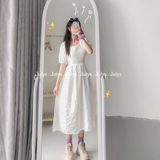 Váy babydoll nhún cổ vuông trắng (ảnh thật kèm video) | BigBuy360 - bigbuy360.vn