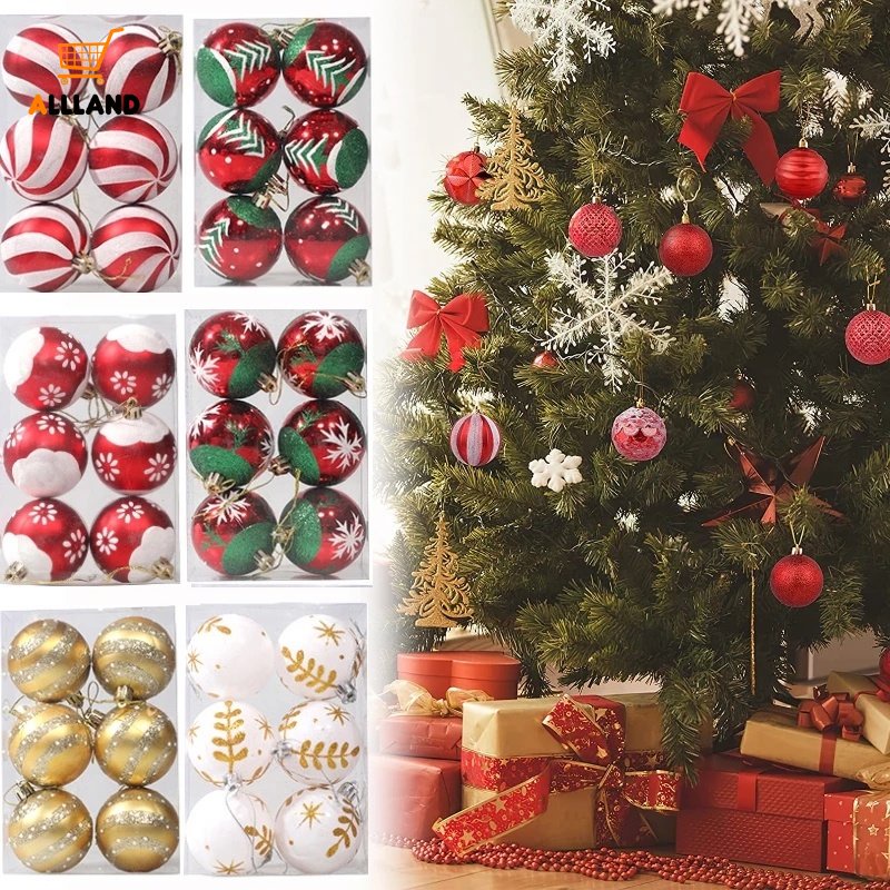 Hộp 6 Quả Cầu Tuyết / Chấm Bi / Sọc Nhiều Màu Trang Trí Cây Thông Giáng Sinh / Năm Mới