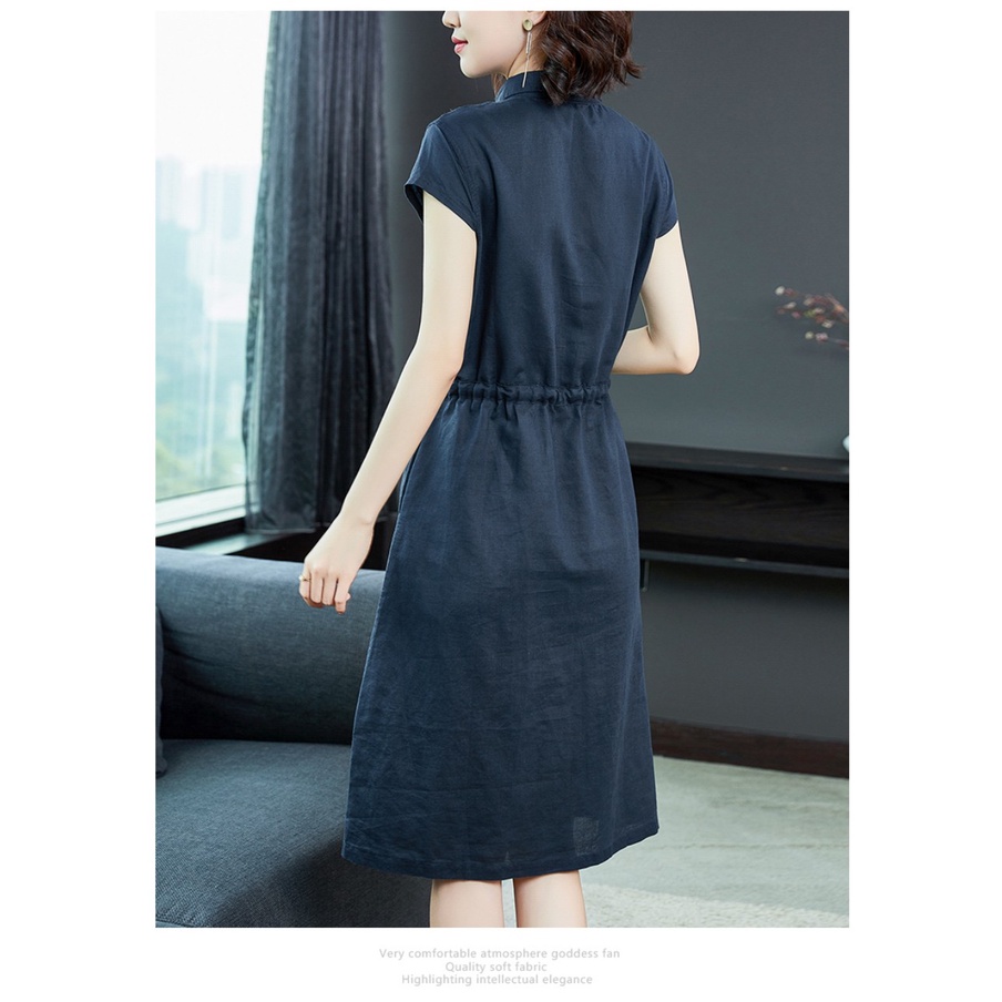 Đầm sơ mi nữ ngắn tay, Đầm linen nữ suông dài kèm dây eo tự chỉnh Da70