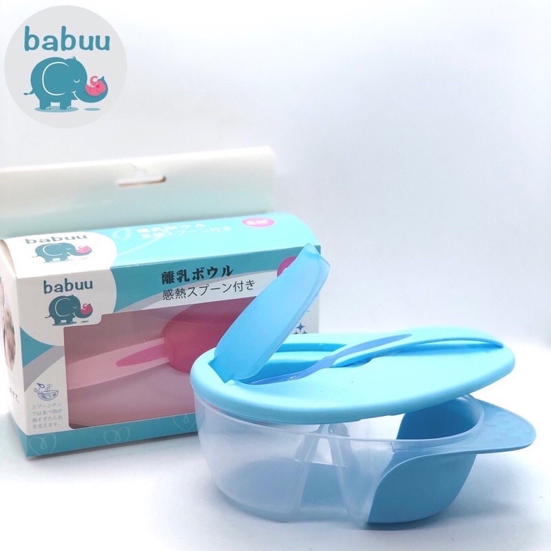 Bát chia ngăn Babuu Nhật Bản có nắp kèm thìa báo nóng cho bé