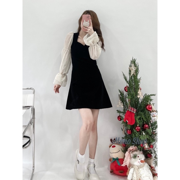 Váy nhung cổ vuông xẻ V nhỏ tay voan bo chun, đầm nữ nhung tay voan Ảnh thật/ sẵn | BigBuy360 - bigbuy360.vn