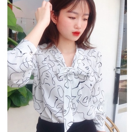 Áo sơ mi nữ công sở lụa tay phồng thắt nơ hàng thiết kế ALALA phong cách Hàn Quốc