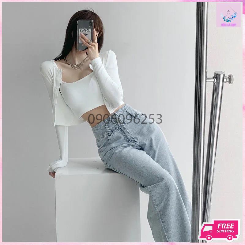 Quần jean ống suông nữ cạp cao hàng quảng châu cao cấp