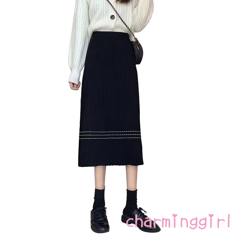 Chân váy midi dệt kim lưng cao họa tiết kẻ sọc thời trang thu đông cho nữ