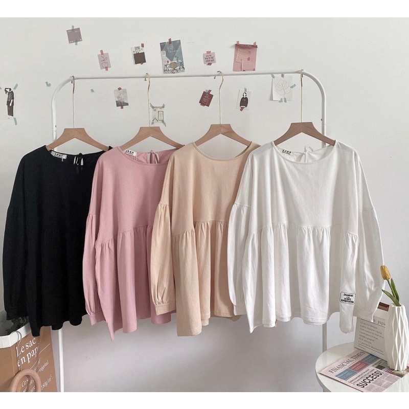 Áo Babydoll Thêu Logo Nữ ❤Sơ Mi Tay Bồng Dáng Rộng Vintage Bánh Bèo Hottrend❤️