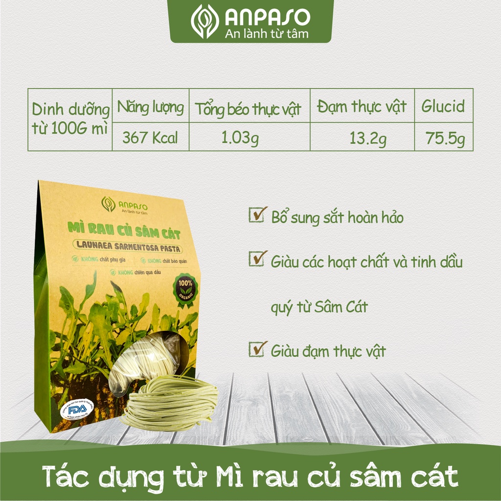 Mì Hữu Cơ Giảm Cân Organic Rau Củ Sâm Cát  Anpaso, Eat clean, ăn chay, không chiên nóng 120gr &amp; 300g