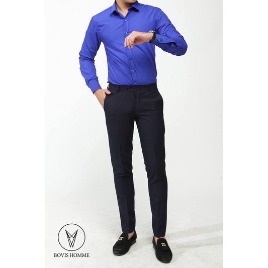 Áo sơ mi nam Bovis Homme tay dài SD091, màu xanh coban, Form slim, chất liệu modal, mặt vải mềm mượt, thoáng mát