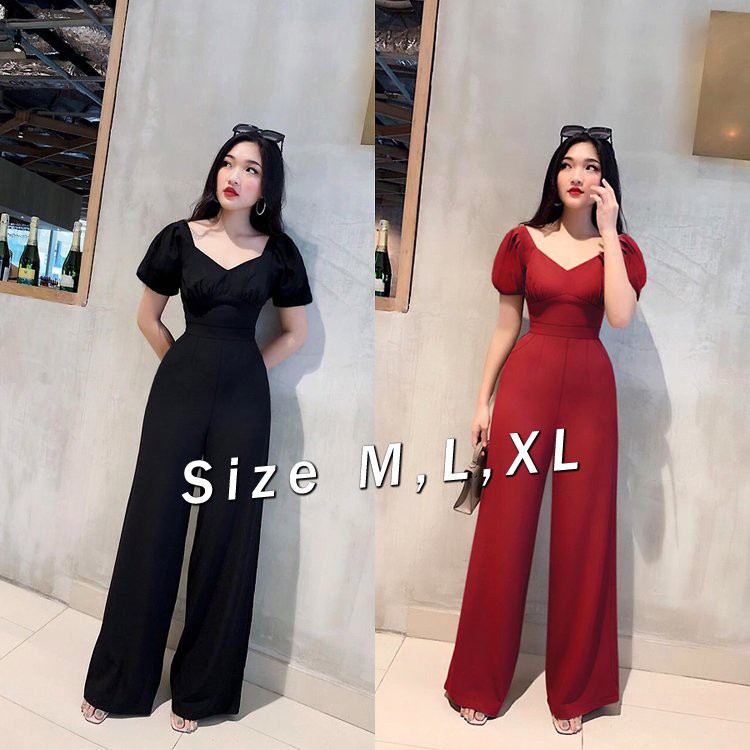 Jumpsuit dài ống suông cổ tim tay bo thun thiết kế cao cấp