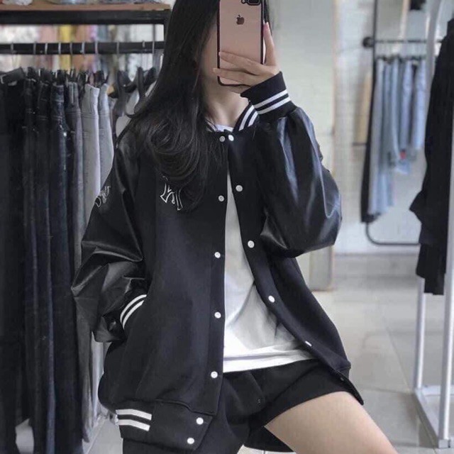 Áo khoác bomber nỉ da cá phối tay da nam nữ NY F20 dưới 65kg | BigBuy360 - bigbuy360.vn