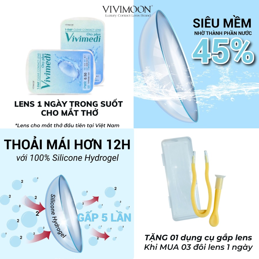 Kính áp tròng VIVIMOON LENS trong suốt cận 1 ngày cho mắt thở Vivimedi Oxy Plus 24h