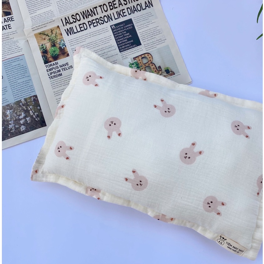 Gối xô sơ sinh muslin hữu cơ tự nhiên chống bẹp đầu, thấm hút mồ hôi, lót bông dày dặn GX01