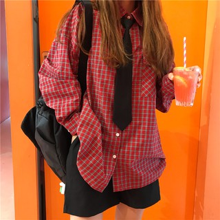 Áo kẻ caro đỏ dáng rộng dài