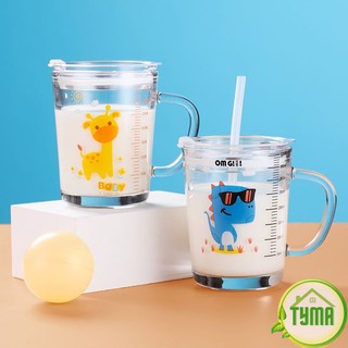 Cốc Ly thủy tinh chia vạch chịu nhiệt có kèm ống hút dễ thương GD_Lynap-vach